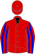 Red, blue striped sleeves, red cap
