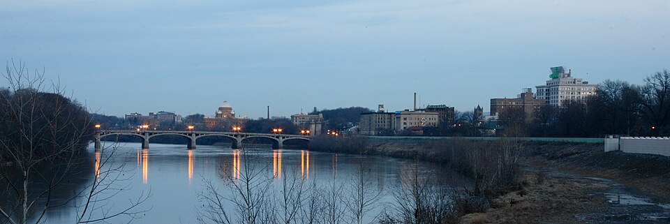 The Susquehanna River and the Wilkes-Barre skyline with the Luzerne County Courthouse in the background
