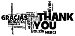 The words thank you in many languages, black text on a white background