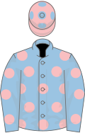 Light blue, pink spots, pink cap, light blue spots