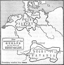 Black-and-white map showing the territorial possessions of the Guelf dynasty during the reign of Henry the Lion.