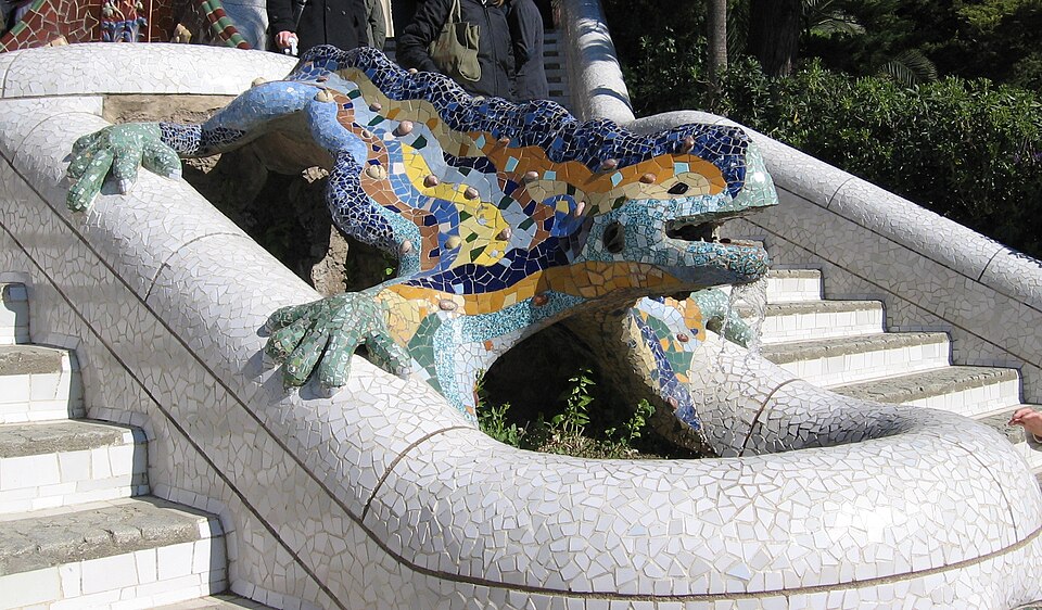 Gaudí's multicolored mosaic salamander, popularly known as El Drac ("the dragon"), after its 2007 restoration