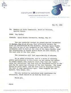 An invitation letter to the ground-breaking of the Seattle Space Needle, 1961.