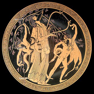 Dionysus and sileni. Attic red-figured cup interior, ca. 480 BC.