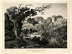 lithograph of a ruined castle on a cliff