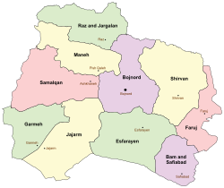 Location of Samalqan County in North Khorasan province (left, pink)