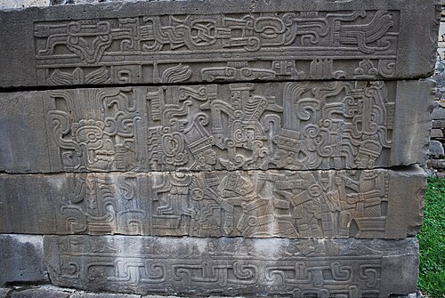 One of a series of murals from the South Ballcourt at El Tajin, showing the sacrifice of a ballplayer