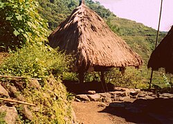 In an outdoor clearing a structure dominated by a thatched brown-colored nipa roof stands slightly elevated from stone base abutting packed earth.