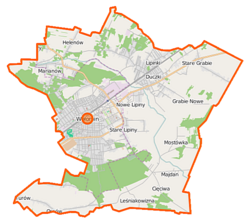 Mapa konturowa gminy Wołomin, blisko dolnej krawiędzi po lewej znajduje się punkt z opisem „Ossów”