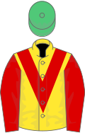 Yellow, red chevron and sleeves, emerald green cap