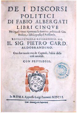 Bodin named on title page of Discorsi politici (1602) by Fabio Albergati who compared Bodin's political theories unfavourably with those of Aristotle
