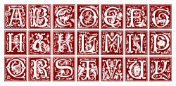Ornamental lettering samples. The order of V and U letter places are swapped and the letters J, O, W, and Z.l are missing