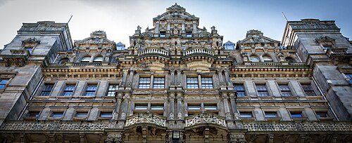 ornate stone facade from street level