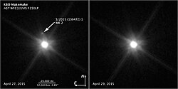 Hubble Space Telescope images of Makemake's moon S/2015 (136472) 1 show it as a small gray dot positioned right next Makemake, which appears as a larger white dot.