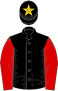 Black, red sleeves, gold star on cap