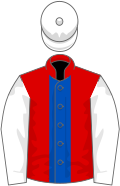 Red, royal blue stripe, white sleeves and cap