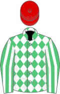 Emerald green and white diamonds, striped sleeves, red cap