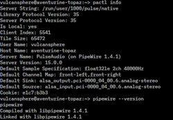 Screenshot showing information of audio server as reported by PulseAudio Control (pactl) software, PipeWire is using PulseAudio as its audio server and the library version information for PipeWire 1.4.1