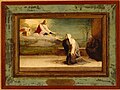 St. Catherine of Siena, wearing a white veil and black mantle, kneels by a stalk of lilies to receive a crown of thorns from Christ in the clouds.