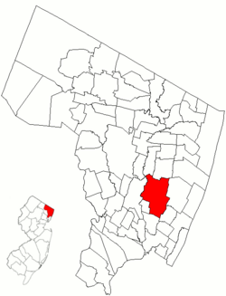 Location of Teaneck in Bergen County highlighted in red (right). Inset map: Location of Bergen County in New Jersey highlighted in red (left).
