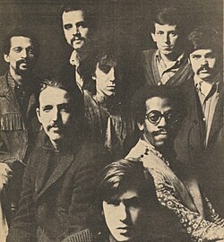 The Paul Butterfield Blues Band, c. 1967. From left to right, Gene Dinwiddie, Paul Butterfield, Keith Johnson, Elvin Bishop, Mark Naftalin, Phillip Wilson, Charley 'Bugsy' Maugh, David Sanborn.