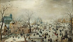 A color painting of a winter landscape with iceskaters and snow of Amsterdam. People are buddled up in colorful coats walking and playing with sleds.
