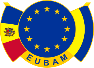 Moldovan and Ukrainian flags displayed as supporters, symbolising the EU's border assistance mission since 2005