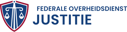 A shield symbol containing scales of justice and Dutch text reading Federale Overheidsdienst Justitie