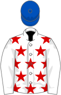 White, red stars on body, royal blue cap