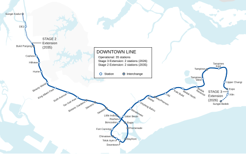  A map of Singapore displays the blue line of the Downtown Line, which currently has 35 operational stations. It highlights future extensions toward Sungei Bedok in the east in 2026 and Sungei Kadut, extending from Bukit Panjang in the northwest, in 2035.