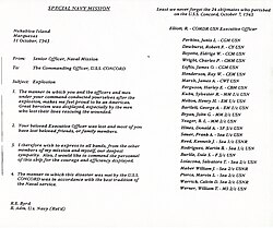 Letter from Admiral Byrd to Commanding Officer, USS Concord, commemorating the loss of 24 men during the special mission, September–November 1943