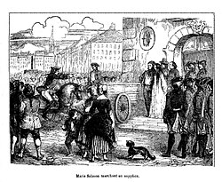 A drawing of Marie Salmon marching to her execution from Histoire des bagnes (1878) by Pierre Zaccone.