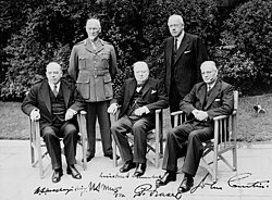 Prime Ministers of Canada W.L. Mackenzie King and of Australia John Curtin, along with the Prime Ministers of Britain, New Zealand and South Africa in London; May 1944.