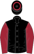 Black, maroon sleeves and hoop on cap