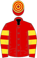 Red, yellow hooped sleeves, yellow cap