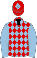 Light blue and red diamonds, light blue sleeves, red cap, light blue diamond