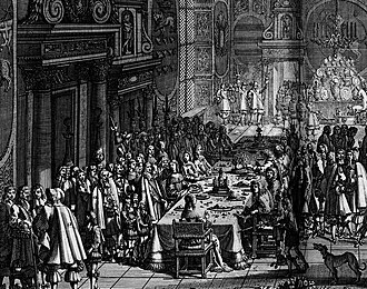 Celebration in Frederiksborg Castle to the Treaty of Roskilde. Painting (1658) by Erik Dahlbergh.