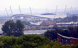 An aerial shot of the City of Manchester Stadium