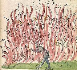 Nude people are being burnt in fire by a devil