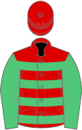 Red and emerald green hoops, emerald green sleeves, red cap