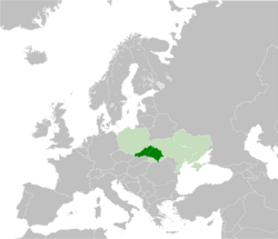 Galicia (dark green) superimposed on modern-day Poland and Ukraine (light green)