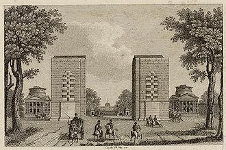Illustration de L'Arc de Triomphe inachevé entre les pavillons de la barrière de l'Étoile, 1818.