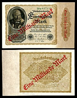 One-billion Mark at Papiermark, by the Reichsbankdirektorium Berlin