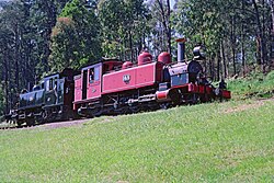 NA class locomotives Nos 14A (red) and 8A (black) at Lakeside, 1988, facing opposite directions.