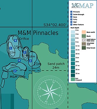 Map of the dive site of the M&M pinnacles off the West coast of the Cape Peninsula, South Africa