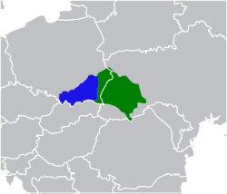A map of Eastern Europe with the area of the former Austro-Hungarian province of Galicia highlighted in blue (West Galicia) and green (East Galicia).