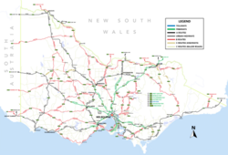 Victorian highway and road network, with significant cities and towns.