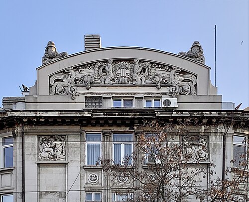 Allegorical representations – Pediment of the Mihai Zisman House (Calea Călărașilor no. 44) in Bucharest, by Soru (1920)