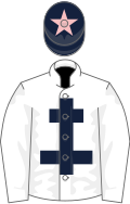 White, dark blue cross of lorraine, dark blue cap, pink star