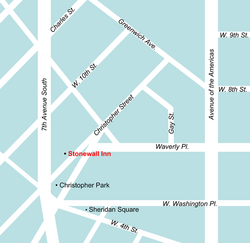 A color digital map of the Greenwich Village neighborhood surrounding the Stonewall Inn in relation to the narrow and diagonal streets that make small triangular and other oddly shaped city blocks
